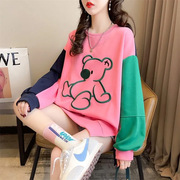 卡通卫衣女2022年韩版街头时尚小维尼熊绣花粉红色套头长袖中长款