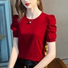 红色短袖t恤女夏2024设计感小众复古宫廷褶皱公主泡泡袖上衣