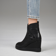 misili 尖头坡跟短靴秋冬季8.5cm黑色高跟鞋防水台厚底女靴子