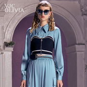 vjcolivia春夏短款上衣，蓝色假两件拼接长袖，雪纺衫女