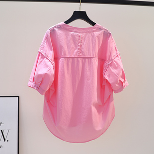 粉红色棉布衬衫女设计感拼接宽松衬衣2023文艺范圆领(范，圆领)小心机上衣潮