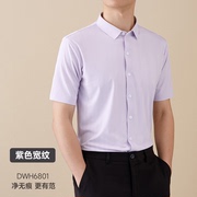 2024夏季无口袋男士短袖无痕薄款透气紫色宽条纹衬衫半袖商务休闲