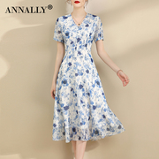 Annally夏季女装中长款大摆优雅气质修身蓝色雪纺连衣裙