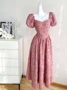 粉色复古短袖连衣裙女夏季长裙，小众设计高级感气质赫本风礼服裙子