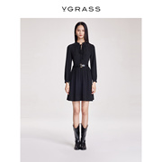 VGRASS复古黑色篙级感真丝气质连衣裙春高腰设计VSL2O11280