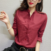 加绒衬衫女秋季2023修身显瘦韩版纯色职业工装立领衬衣女长袖