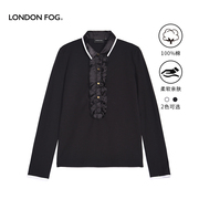 伦敦雾长袖拼接衬衫T恤女士秋季翻领针织黑色打底衫气质上衣