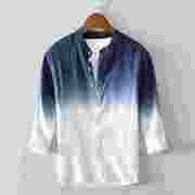 L733 韩版潮流扎染亚麻衬衣男士个性渐变七分袖拼色衬衫
