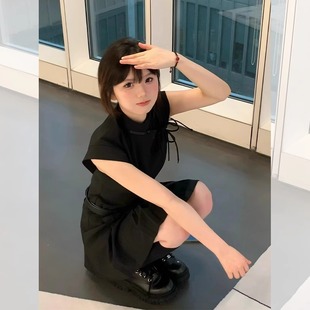 新中式轻国风短袖黑色改良旗袍女2024夏季小个子，设计感连衣裙短裙