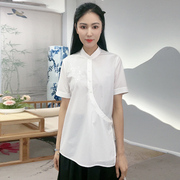 100棉中国风夏季白色挺阔有型简约时尚气质舒适女士短袖衬衫
