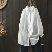 纯棉中长款白衬衫女长袖，2023秋装宽松大版遮肉bf风衬衣外套