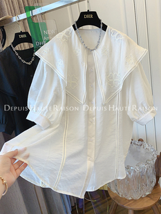 DHR 高级感独特大翻领刺绣天丝衬衫娃娃衫小个子宽松上衣2024夏装