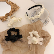 自留款超仙奶白色缎面立体玫瑰花发夹高级感法式蕾丝花朵发圈头箍