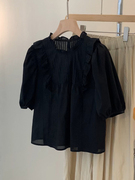 夏季法式甜美洋气黑色短款娃娃，衫上衣女，大码气质独特短袖雪纺衬衫
