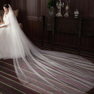白色新娘拖尾珍珠，头纱双层带遮面香槟色3.5米长3米宽旅拍头纱
