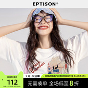 EPTISON短袖T恤女2024夏季宽松小众独特印花白色休闲上衣