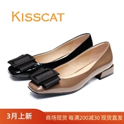 KISSCAT接吻猫2023粗低跟漆牛皮拼色蝴蝶结女单鞋KA43521-10