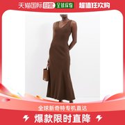 香港直邮潮奢asceno女士酒红色，v字形后背，真丝绉纱长款连衣裙