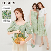 LESIES蓝色倾情夏装新清新碎花吊带连衣裙女雪纺腰裙甜美小衫上衣