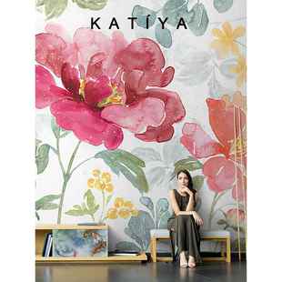 Katiya美式手绘田园牡丹花艺术客厅电视背景墙壁纸无缝壁画墙布8d