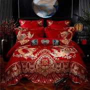 婚庆四件套全棉纯棉大红色，婚床喜被刺绣，床单被套龙凤结婚床上