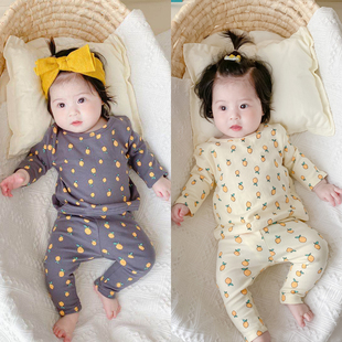 ins春秋韩版婴儿柠檬印花纯棉舒适家居长袖上衣+裤子宝宝两件套装