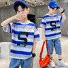 早春男童短袖t恤夏季儿童横大条纹撞色拼接蓝色圆领韩式风上衣潮
