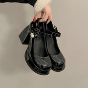 欧洲站玛丽珍鞋女鞋2024春季法式小皮鞋，粗跟单鞋黑色高跟鞋女