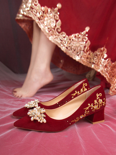 中式婚鞋女秀禾婚纱两穿2024红色，高跟鞋孕妇伴娘，新娘鞋不累脚