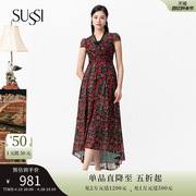 sussi古色23夏黑色(夏黑色)雪纺，复古碎花v领长款连衣裙女