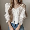 韩国chic春季设计感系带方领泡泡，袖纯色肌理感短款娃娃衫长袖衬衫