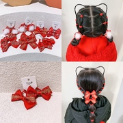 儿童新年红色蝴蝶结发夹发圈女童毛球花朵扎头发皮筋发绳对装边夹