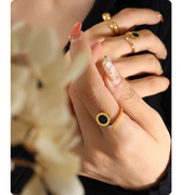 欧美风罗马数字亚克力戒指，开口镶嵌锆石尾戒指环，钛钢镀18k金色