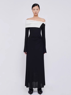 越南设计裙气质黑白撞色一字肩长袖，打底小礼服连衣裙