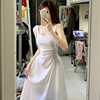 2023夏季白色吊带a字，连衣裙法式收腰显瘦高级感气质高腰长裙