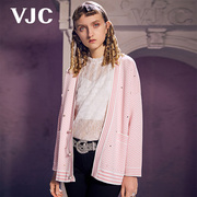 vjc威杰思春夏女装，粉色甜美气质，撞色条纹修身针织开衫