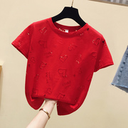 红色短袖t恤女2024夏韩版洋气时尚个性镂空大码宽松圆领