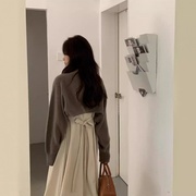 ~韩国女 气质小姐姐蝙蝠袖纯色针织罩衫+收腰系带背心裙套