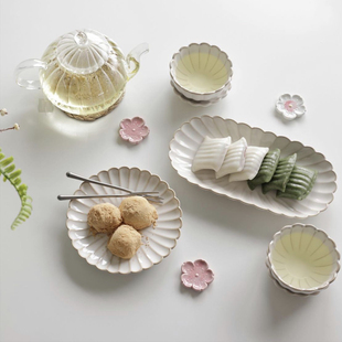LS日式家用纯色陶瓷餐具窑变白色菊花餐盘创意碗碟套装小清新汤碗