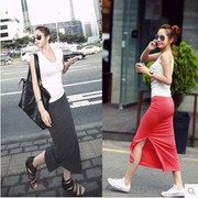 韩国灰黑红色夏季性感，修身包臀莫代尔半身长裙，女装纯色侧后开叉裙