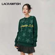lacrawfish美式复古高街星星提花圆领，套头毛衣慵懒风宽松针织衫