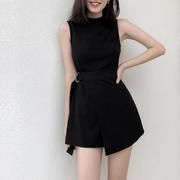 韩国黑色无袖连体裤子女夏雪纺(夏雪纺)2024高腰，显瘦小个子工装连衣裤