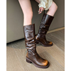 高级感擦棕色西部靴子女秋冬新欧美复古真皮褶皱堆堆靴中筒骑士靴