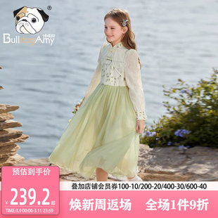 女童中国风连衣裙2024春装洋气儿童网纱长袖裙子中大童公主裙