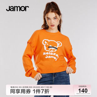 jamor冬季圆领套头橙色毛衣女(毛，衣女)小熊图案，纽扣装饰针织上衣加末