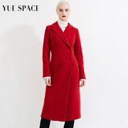 悦空间西装领超长款羊毛呢子大衣女士过膝修身双排扣红色秋冬外套