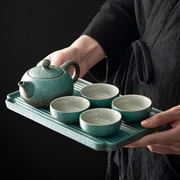 一壶二杯四杯茶具功夫，小套组带茶盘日式窑变绿陶瓷酒店小套装