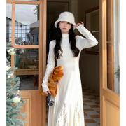 高级感白色长袖针织连衣裙，女秋冬季小个子显瘦内搭打底长裙子