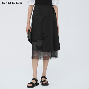 sdeer圣迪奥半身裙高级夏装压褶印花网纱裙子不规则长裙S22261117