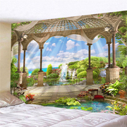 促欧式度假风景窗户超大背景布墙壁装饰挂毯床头卧室植物壁画挂厂